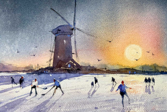 A winter evening on the ice - instruction with watercolors