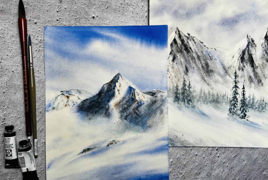 Idyllic Mountains - Loose Winter Landscape with Granulating Watercolors