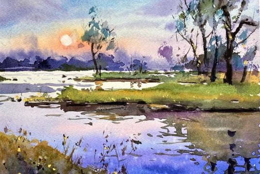 Light Watercolor: Spring River Landscape