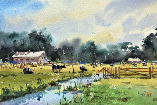 Sunny Day on the Farm With Watercolor