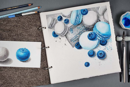 Delicious Macarons And Blueberries: Illustration For Your Sketchbook
