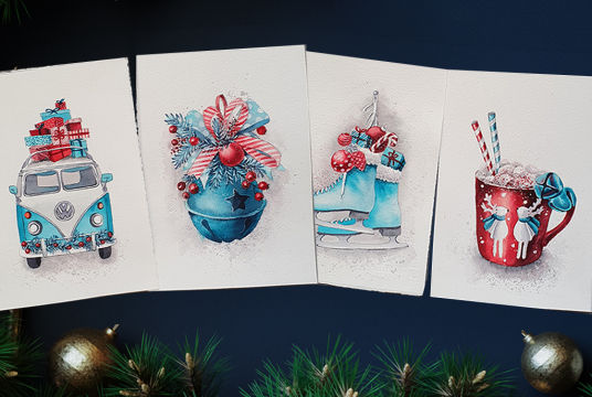 Illustration: Four Christmas Motifs for Postcard 
