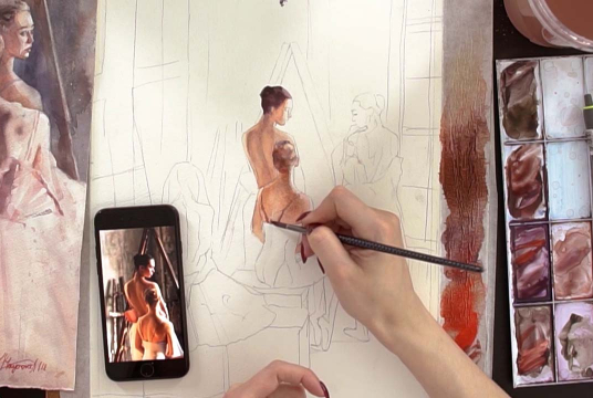 Contrasting light in watercolor. Ballerinas