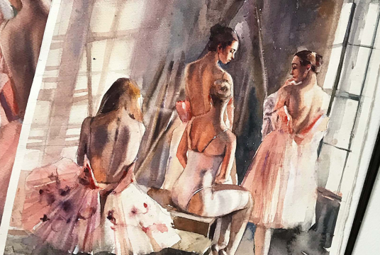 Contrasting light in watercolor. Ballerinas