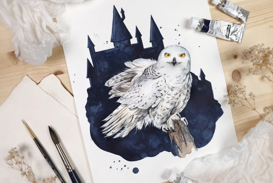 Magic owl - with watercolors step by step illustration