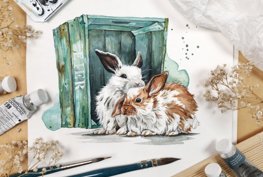 Easter Bunnies in the Box - Step by Step Illustration with Watercolor