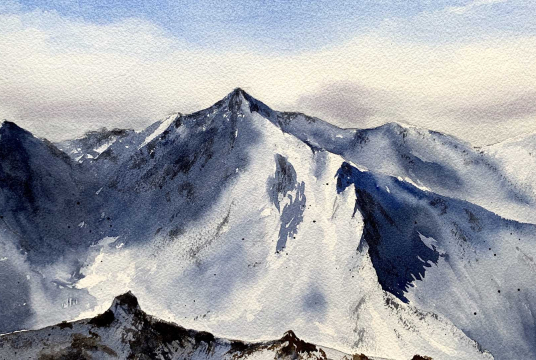 Painting snowy mountains with watercolor