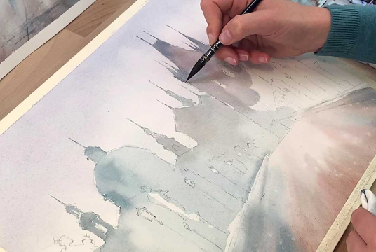 Master City Landscape with Watercolor. Charles Bridge in Prague