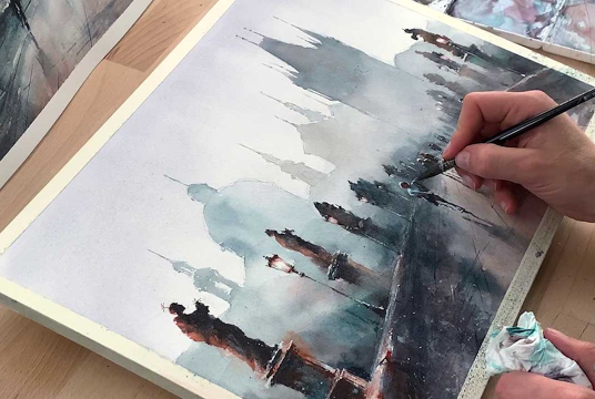 Master City Landscape with Watercolor. Charles Bridge in Prague