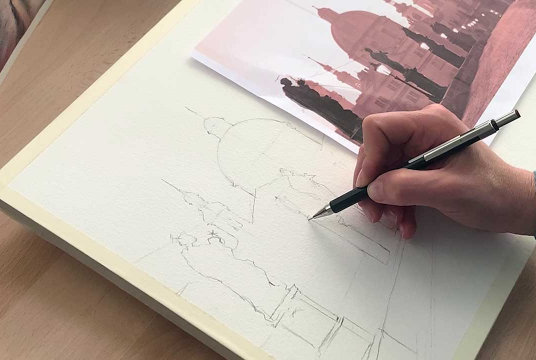 Master City Landscape with Watercolor. Charles Bridge in Prague