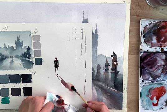 Master City Landscape with Watercolor. Charles Bridge in Prague