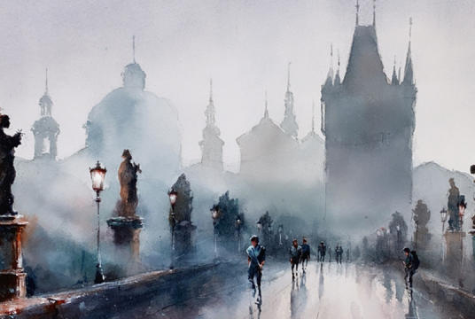 Master City Landscape with Watercolor. Charles Bridge in Prague