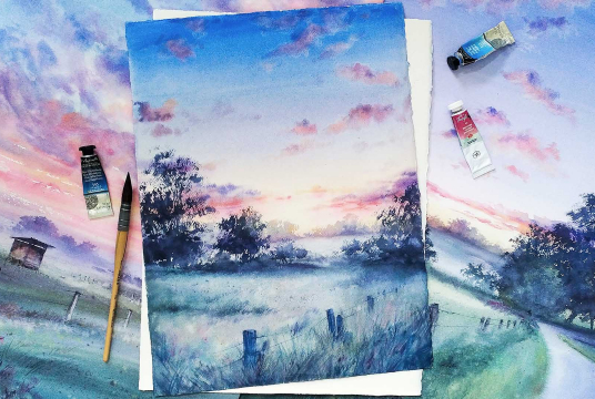 Watercolor Morning Landscape. Step-by-step Tutorial