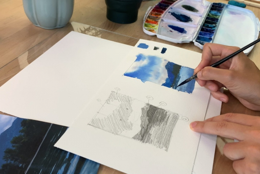 Watercolor Mountain Lake Landscape - Step by Step Tutorial