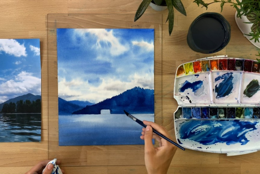 Watercolor Mountain Lake Landscape - Step by Step Tutorial