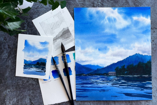 Watercolor Mountain Lake Landscape - Step by Step Tutorial