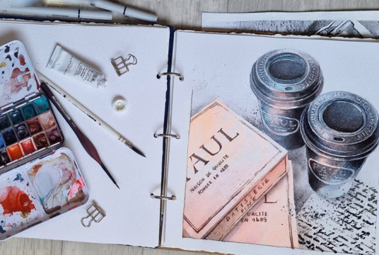 In the Cafe - Illustration with Watercolor and Colored Pencils