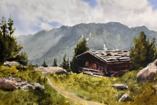 Cottage in the Mountains - Step by Step Tutorial with Watercolors