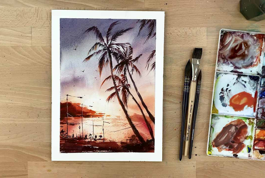 Sunset Landscape With Watercolors within 20 Minutes