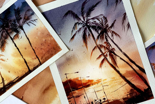 Sunset Landscape With Watercolors within 20 Minutes