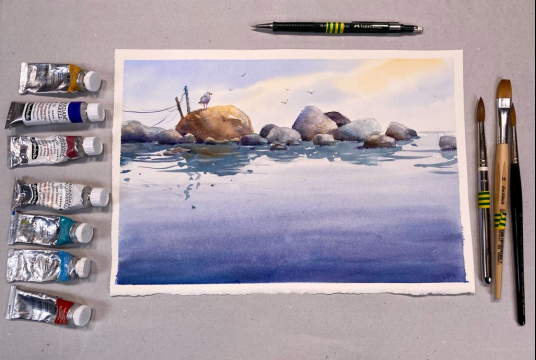Peaceful Sea Motif - Stones in Water - Tutorial with Watercolors