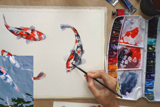 Watercolor illustration: Koi fishes