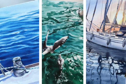 Three Seascapes: Deep Blue Sea, Turquoise Waves and Sailboat at Sunset