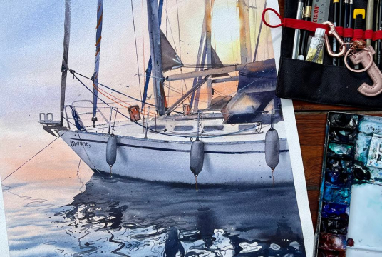 Sailboat at Sunset - Tutorial for Seascape with Watercolor