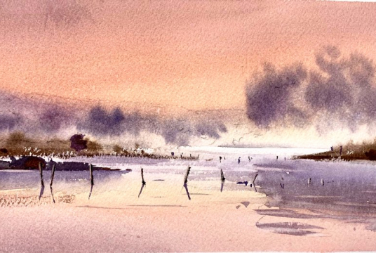 Step by Step Tutorial with Watercolor - Spring Morning on the River