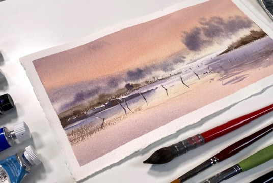 Step by Step Tutorial with Watercolor - Spring Morning on the River