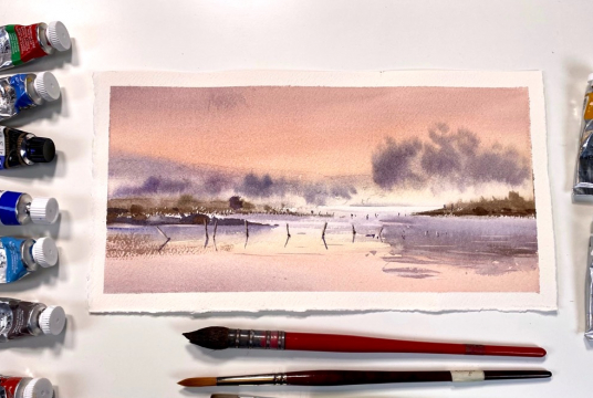 Step by Step Tutorial with Watercolor - Spring Morning on the River