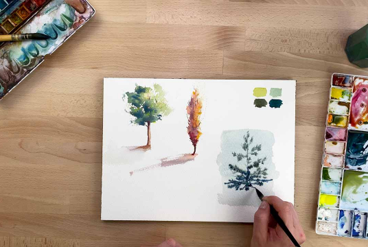 Complete Guide on Forest and Trees Painting with Watercolor. 3 Plots