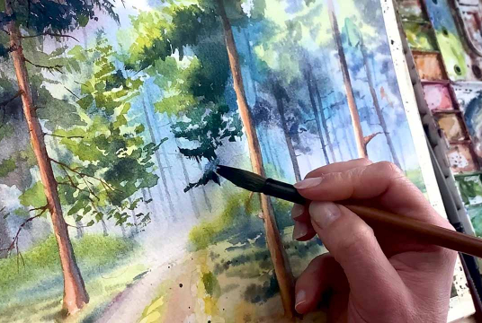 Complete Guide on Forest and Trees Painting with Watercolor. 3 Plots
