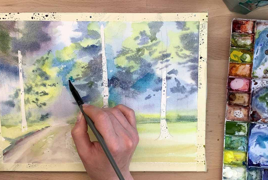 Complete Guide on Forest and Trees Painting with Watercolor. 3 Plots