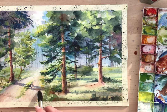 Complete Guide on Forest and Trees Painting with Watercolor. 3 Plots