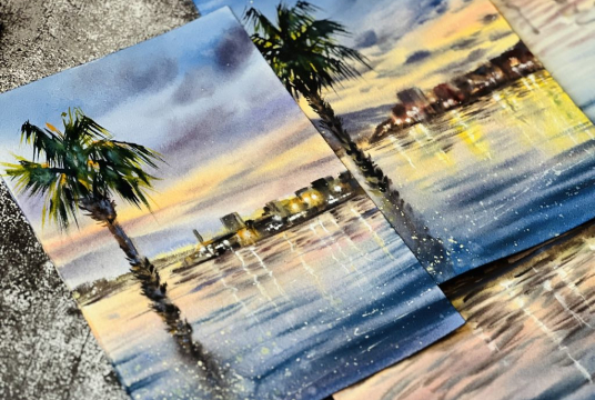 Step by Step Watercolortutorial - Splendid Sunset in Malaga