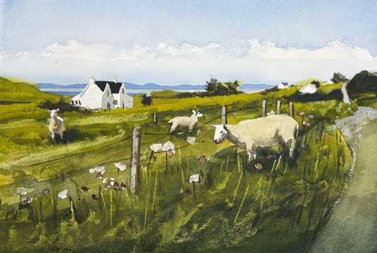 Step by Step Tutorial with Watercolors: Idyllic Sheep Pasture in Scotland