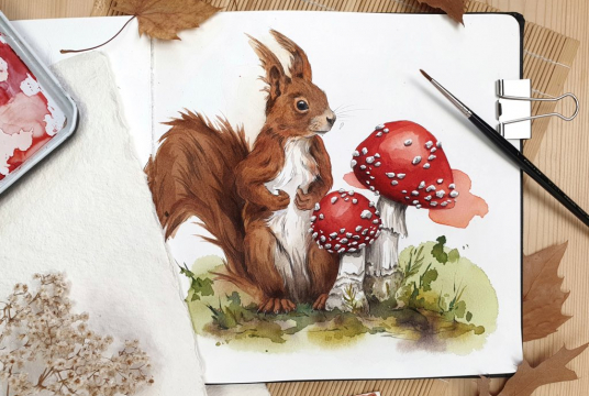 Step by Step Illustration with Watercolors - Squirrel before Winter Break