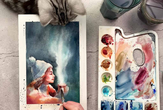 Cozy Winter Watercolor Illustration.