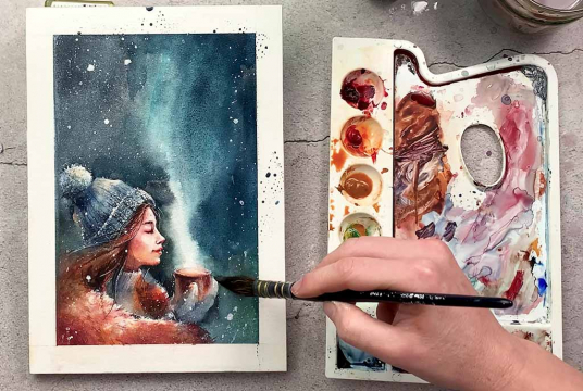 Cozy Winter Watercolor Illustration.