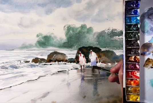 Watercolor Painting: Walk by the Sea