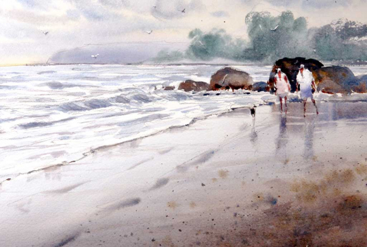 Watercolor Painting: Walk by the Sea