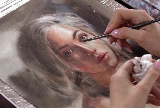Watercolor Woman Portrait in Wet-on-wet Technique