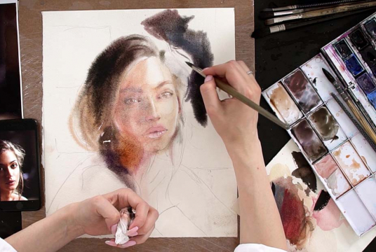Watercolor Woman Portrait in Wet-on-wet Technique