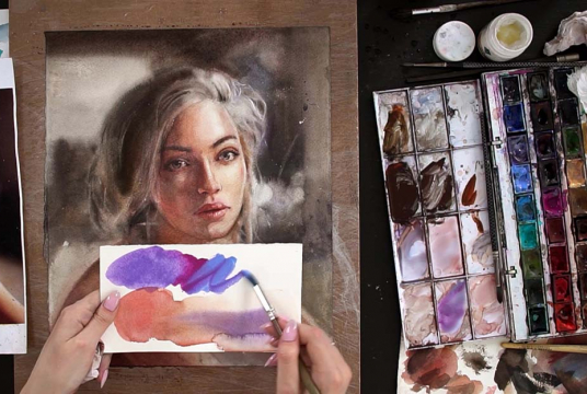 Watercolor Woman Portrait in Wet-on-wet Technique