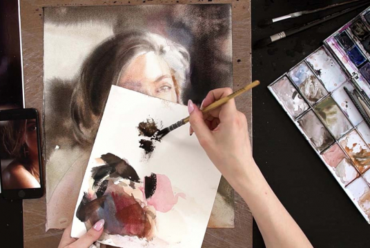 Watercolor Woman Portrait in Wet-on-wet Technique