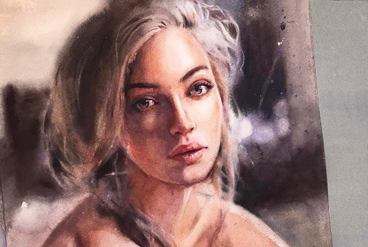 Watercolor Woman Portrait in Wet-on-wet Technique