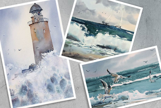 Stormy Sea: Guided course into watercolor painting with 3 plots