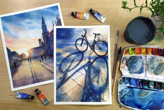 Contrasting Light In City Landscape With Watercolor