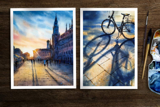 Contrasting Light In City Landscape With Watercolor